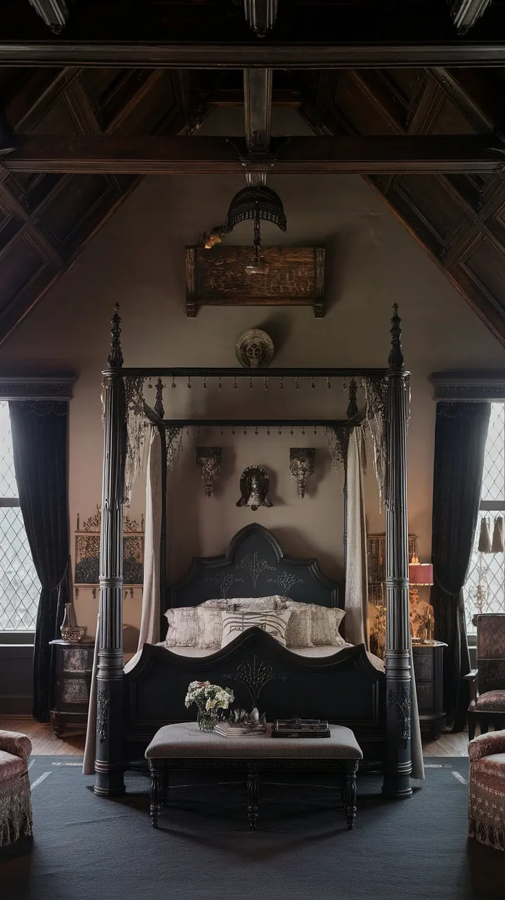 Lost in the labyrinthine details of this Victorian Gothic bedroom, where shadows dance and history whispers from the ornate woodwork. The air hangs heavy with the scent of old books and forgotten dreams, a sanctuary of dark academia where time seems to stand still. A haven of quiet contemplation, a space for the soul to breathe.
