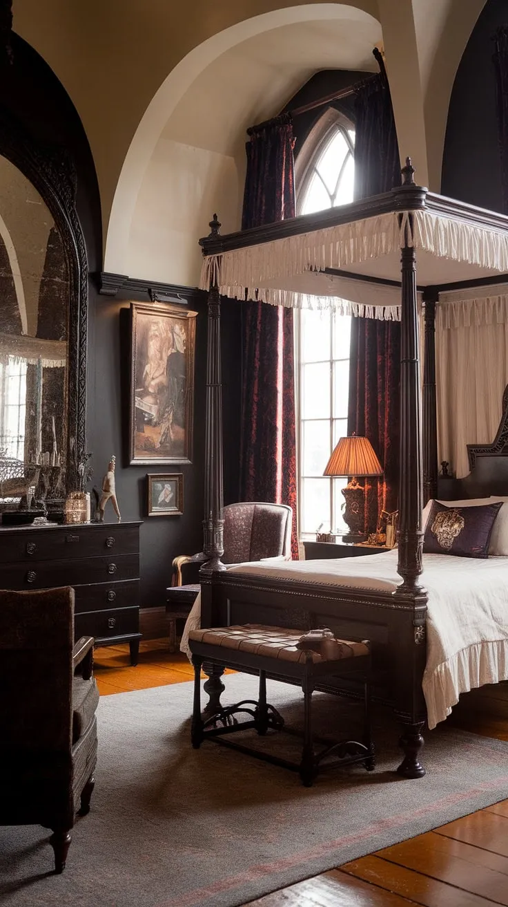 Lost in the pages of a bygone era, where shadows dance and stories whisper from the walls. This Victorian gothic sanctuary, with its four-poster bed and antique treasures, is a haven for the soul, a place where imagination thrives and dreams take flight. A sanctuary for quiet contemplation, a refuge from the mundane, a space where the past meets the present.
