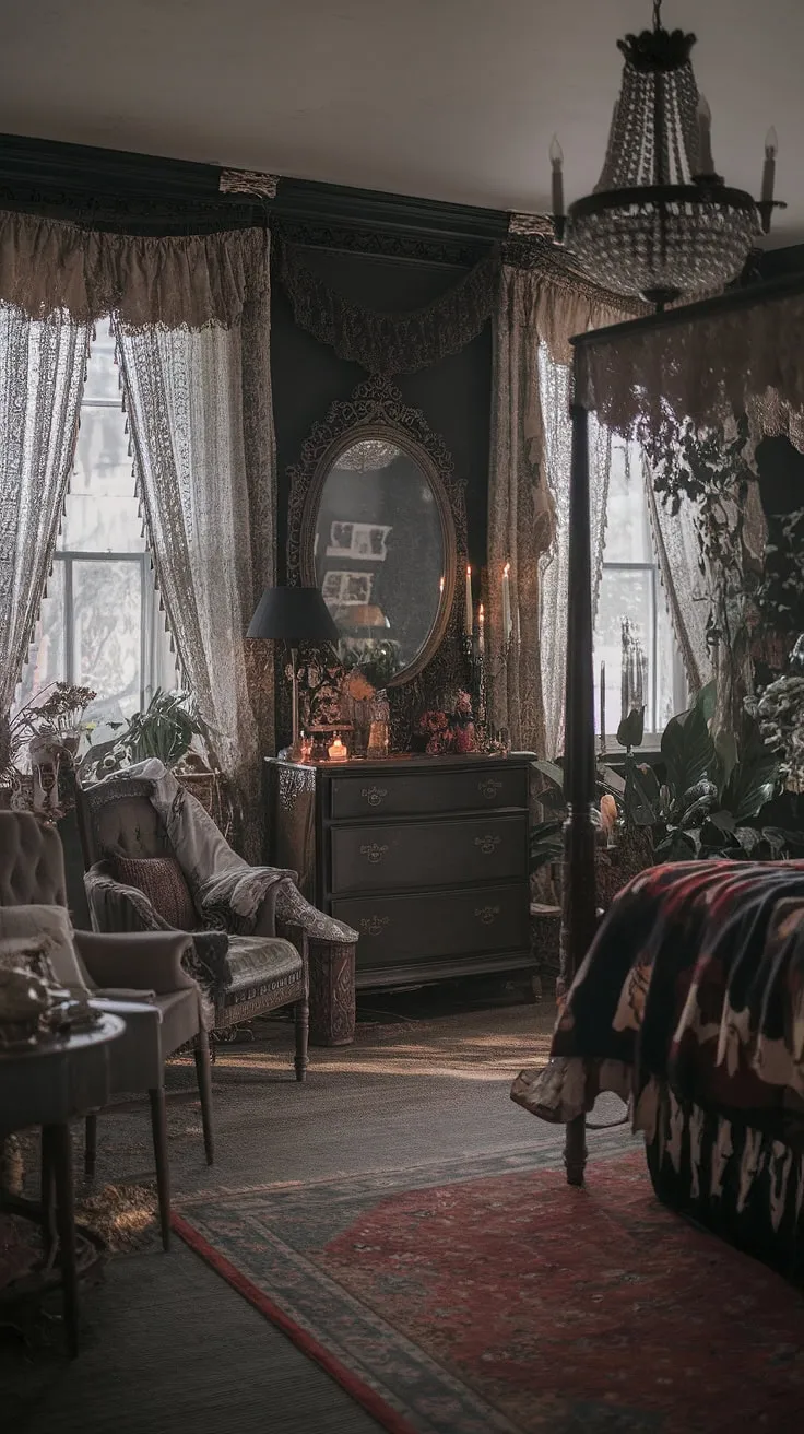Lost in the velvet embrace of a Victorian gothic dream, where dark academia whispers secrets from gilded pages and dark romanticism dances in the shadows. The air hangs heavy with the scent of old books and flickering candlelight, a sanctuary woven from antique lace, polished wood, and the quiet elegance of forgotten times.