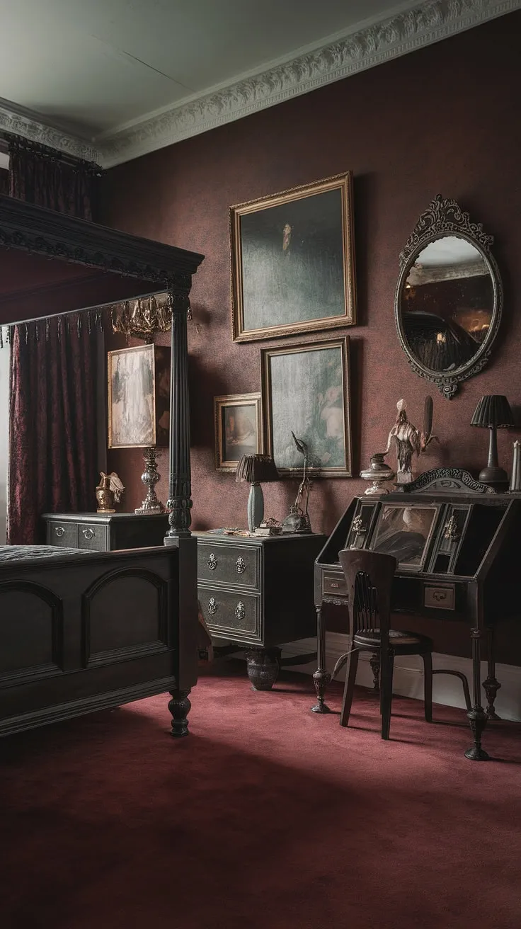 Crimson carpets and shadowed corners whisper tales of a bygone era. This Victorian gothic bedroom, a haven of dark academia, invites you to lose yourself in its romantic embrace. Antique mirrors and paintings adorn the walls, casting an ethereal glow upon the ornate four-poster bed and vintage writing desk. A space where history and mystery intertwine.