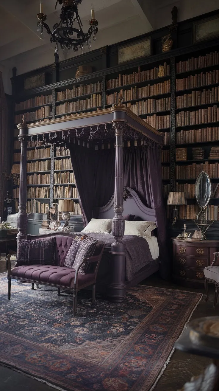 Lost in the hushed elegance of a Victorian Gothic sanctuary, where shadows dance among towering bookshelves and the scent of aged paper hangs heavy in the air. A haven of dark academia, this room whispers tales of forgotten lore and midnight musings. A place where imagination thrives.