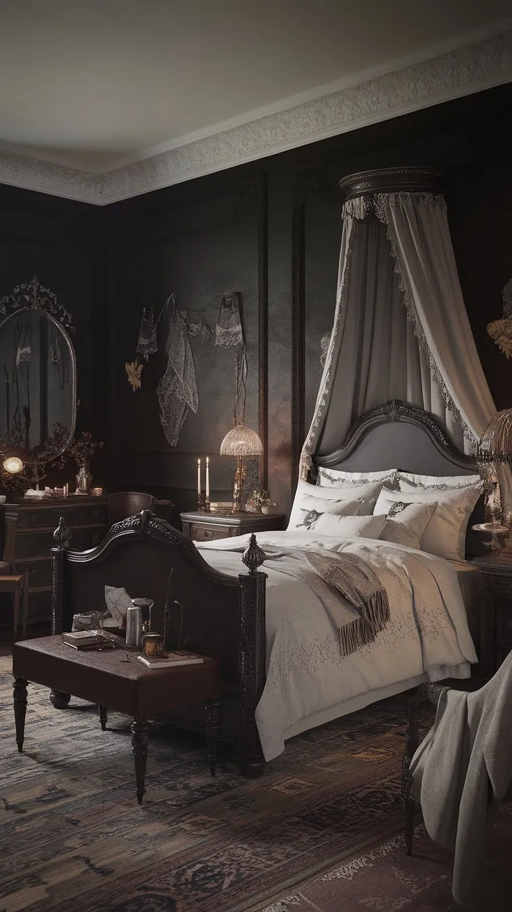 Lost in the shadows of a bygone era, this Victorian gothic bedroom whispers tales of romance and forgotten secrets. The intricate lace, dark wood, and antique details create an atmosphere both hauntingly beautiful and intimately inviting. A sanctuary where dreams are spun from moonlight and shadows.