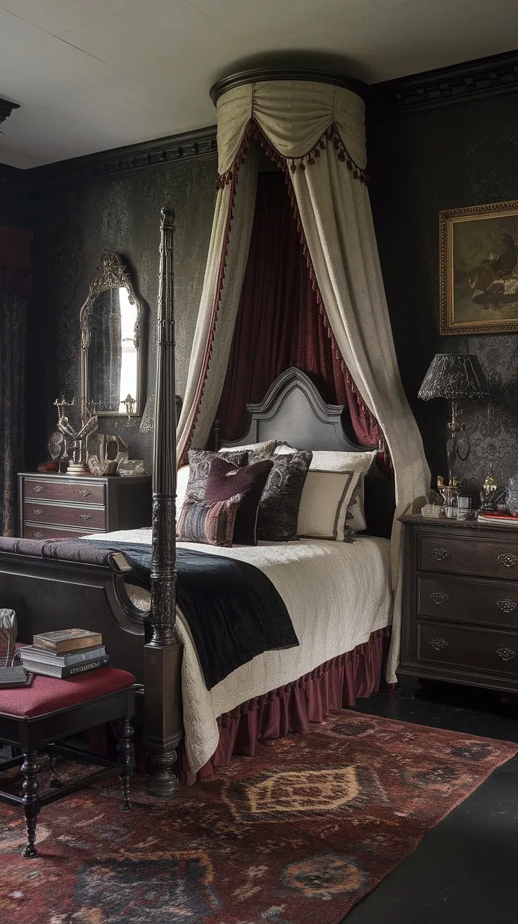 Lost in the opulent shadows of a Victorian gothic bedroom, where dark wood whispers secrets and crimson drapes conceal dreams. The air hangs heavy with the scent of old books and forgotten romances, a sanctuary of antique elegance and brooding beauty. A testament to a bygone era, this space holds a captivating allure, a place where history and mystery intertwine.
