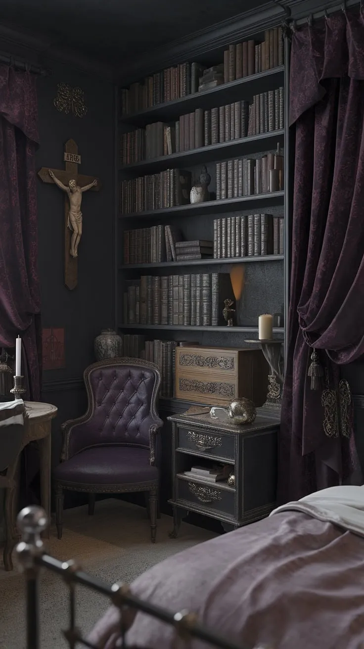 Lost in the pages of a gothic romance, surrounded by the whispers of forgotten lore. The scent of old paper and incense hangs heavy in the air, a sanctuary of shadows and scholarly pursuits. A haven built for dreaming, reading, and the quiet contemplation of life's mysteries.