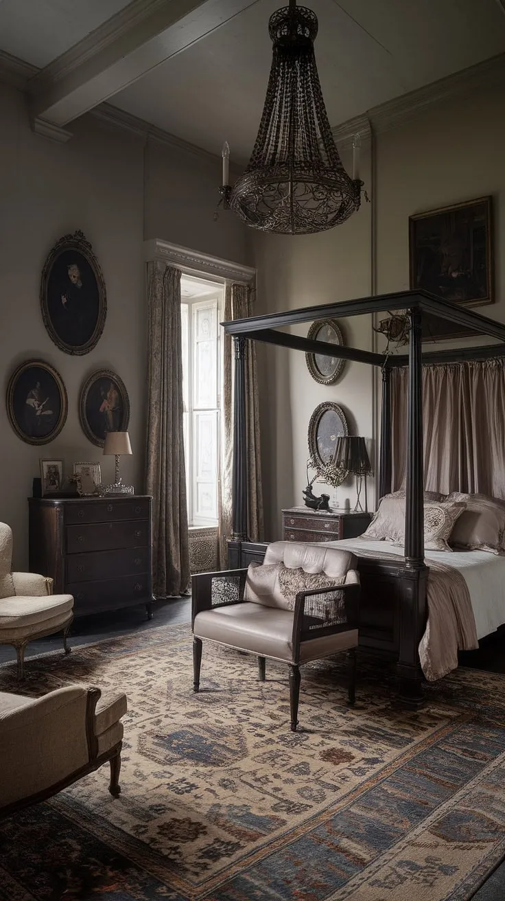 Beneath the glow of a forgotten chandelier, this Victorian goth bedroom breathes a life of its own. Dark academia whispers from the antique frames and patterned rugs, a testament to a bygone era reimagined with a touch of brooding romance. A space where history and imagination intertwine.