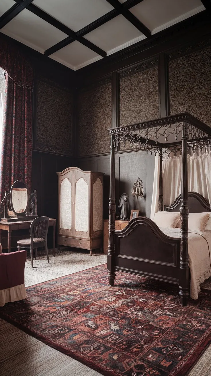 This dimly lit chamber, a haven of dark academia, invites contemplation. The rich textures of the wood paneling and patterned rug contrast beautifully with the crisp white canopy of the antique bed. A space where history breathes and the pursuit of knowledge finds its quiet solace. A perfect setting for unraveling the mysteries of the past.