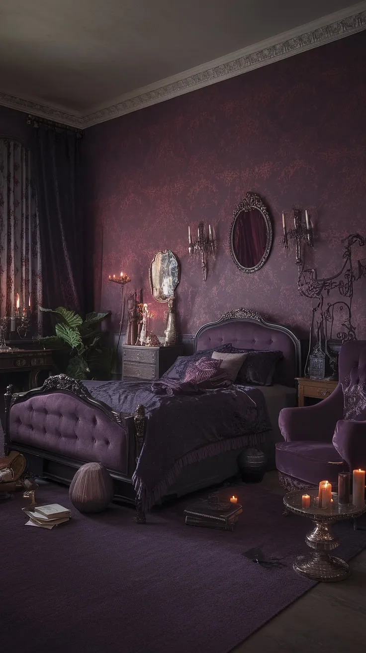 This dimly lit chamber, draped in deep purples and antique charm, is a testament to the enduring allure of gothic romance. A sanctuary of dark academia, where history breathes life into every shadowed corner and the mysteries of the past unfold. A place of quiet contemplation and scholarly pursuits.