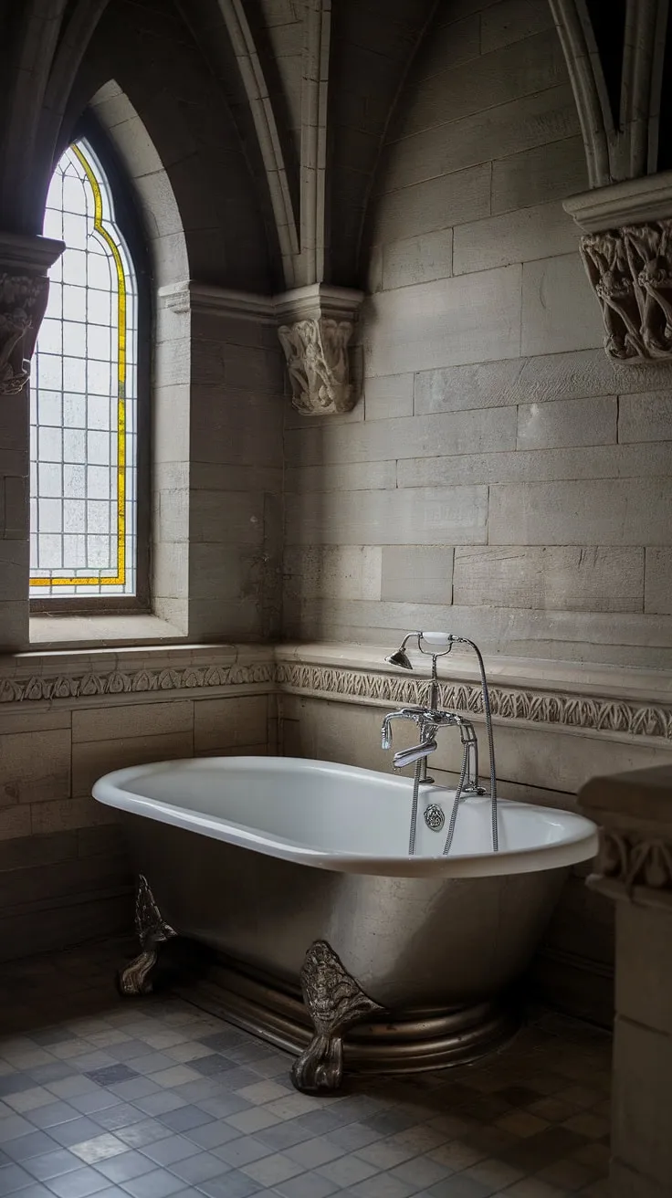 Step into a world of opulent decay; this Victorian Gothic bathroom, with its grotesque carvings and stained-glass window, whispers tales of a bygone era. The freestanding tub, a testament to craftsmanship, awaits a long, luxurious soak. A sanctuary of shadows and secrets.