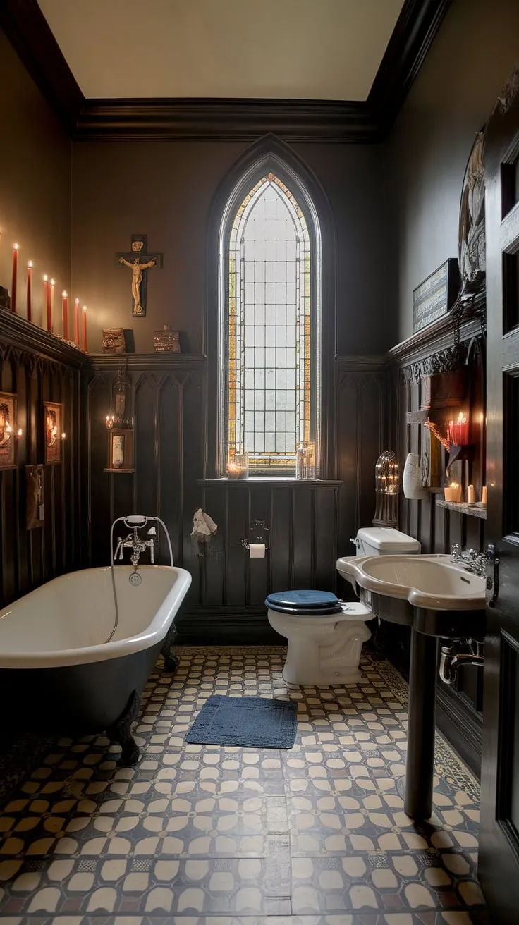 This Victorian Gothic bathroom, a testament to opulent design, invites you to lose yourself in its captivating atmosphere. The intricate details, from the patterned floor to the high ceilings, create a space of both grandeur and intimacy. A haven for quiet reflection, it offers a respite from the modern world, a place to reconnect with a simpler, more spiritual time.