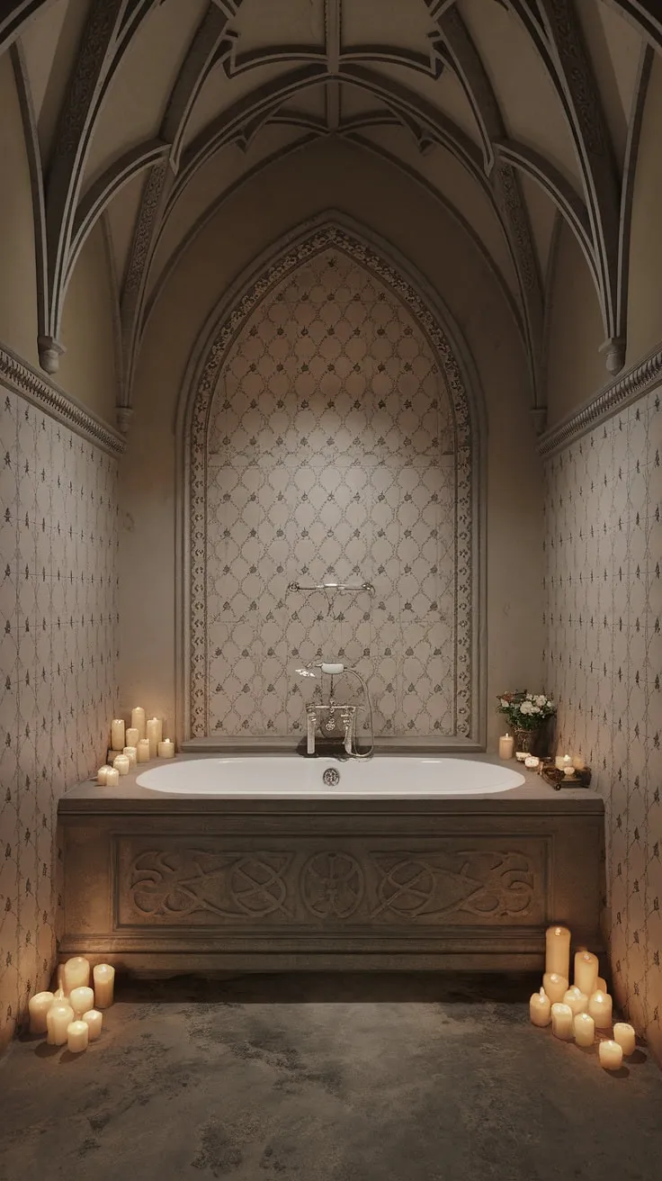 Indulge in the grandeur of this Victorian Gothic bathroom. The high ceilings, ornate walls, and massive clawfoot tub create an atmosphere of unparalleled luxury. Candles scattered across the stone floor cast a warm, inviting glow, promising a deeply restorative soak. A haven of tranquility awaits.