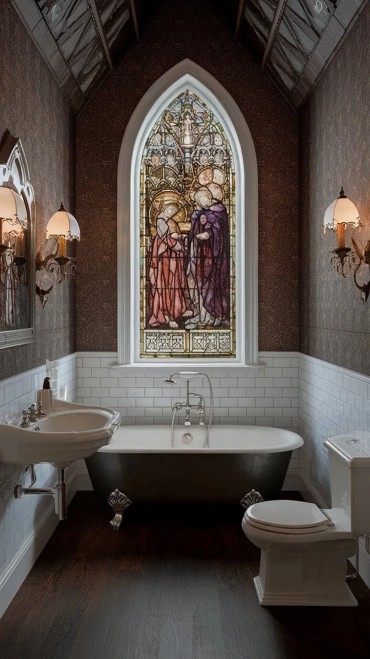 Step into a sanctuary of serenity, where Victorian Gothic architecture meets modern comfort. The stained-glass window, depicting a sacred scene, bathes the clawfoot tub in ethereal light, while intricate wall patterns and gothic fixtures create an atmosphere of timeless elegance. A true escape for the soul.