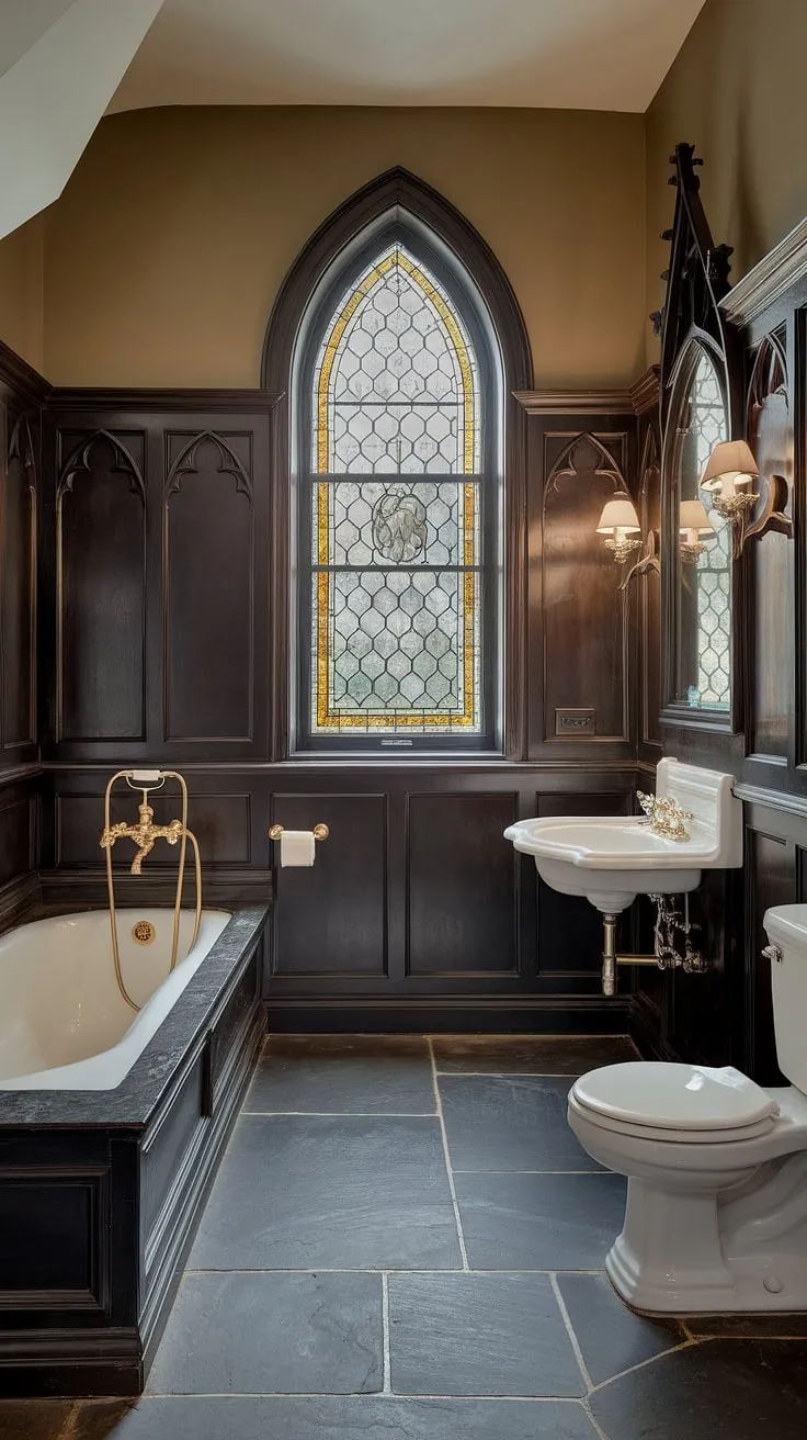 Step into a sanctuary of opulent Victorian Gothic design. The rich dark wood, gleaming gold fixtures, and stained-glass window create an atmosphere of timeless elegance, a true escape from the mundane. A testament to craftsmanship and refined taste, this bathroom is a breathtaking example of historical artistry.