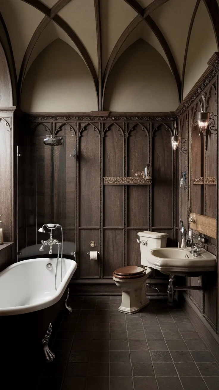 Indulge in the opulence of this Gothic-inspired bathroom. Dark wood, ornate carvings, and a clawfoot tub combine to create a space of unparalleled sophistication. A perfect blend of history and modern comfort.