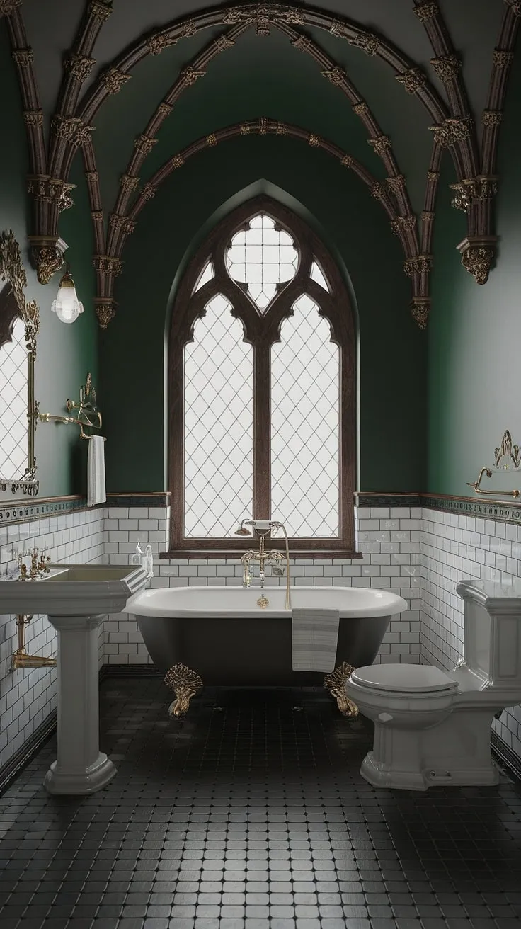Indulge in the grandeur of this Victorian Gothic bathroom. The rich green hues, intricate detailing, and striking black and white checkered floor combine to form a space of breathtaking beauty and unparalleled sophistication. A haven of tranquility and refined taste.