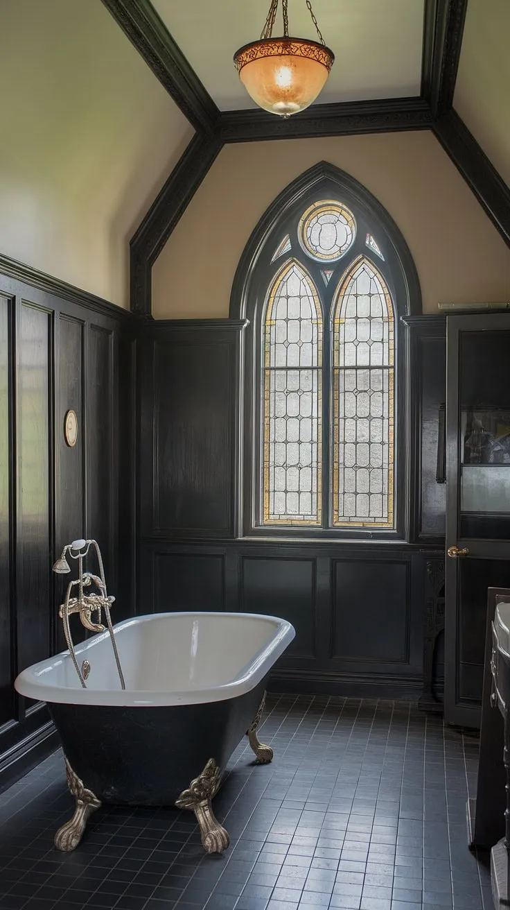 Indulge in the opulence of this Victorian Gothic bathroom. A testament to craftsmanship, the detailed wood paneling, high ceilings, and vintage lighting fixtures transport you to another era. A perfect blend of history and comfort.
