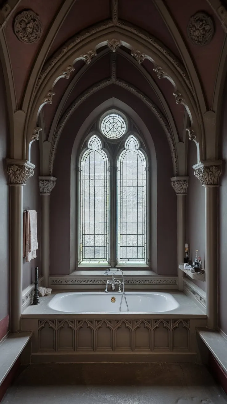 Indulge in the opulent grandeur of this Victorian Gothic bathroom. A testament to craftsmanship, the intricate details and dimly lit space create an atmosphere of serene luxury. A truly unforgettable experience.