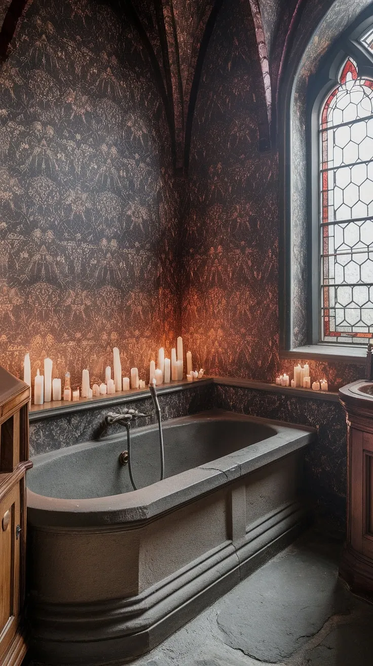 Indulge in the opulence of this Victorian Gothic bathroom. The handcrafted details, from the ornate wall carvings to the sturdy wooden cabinet, whisper tales of a time when craftsmanship reigned supreme. A place where the worries of the day melt away under the soothing caress of candlelight and the cool embrace of the stone bath. A haven of peace.