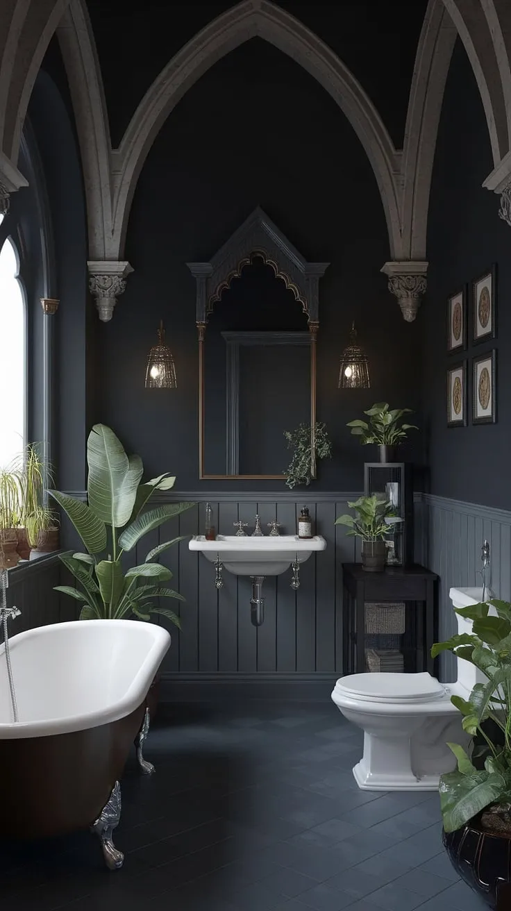 Step into a realm of refined decadence. This Victorian Gothic bathroom, with its soaring ceilings and dark, dramatic walls, offers a captivating escape. The architectural details are breathtaking, complemented by the lush greenery, creating a space that is both luxurious and surprisingly tranquil. A true masterpiece of design.