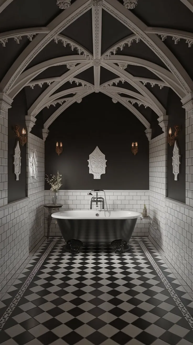 Step into a bygone era of opulent bathing; this Victorian Gothic bathroom, with its black and white checkered floor and intricate carvings, whispers tales of a time when self-care was an art form. The grandeur of the space, the deep hues of the walls, and the imposing bathtub create an atmosphere of refined indulgence.