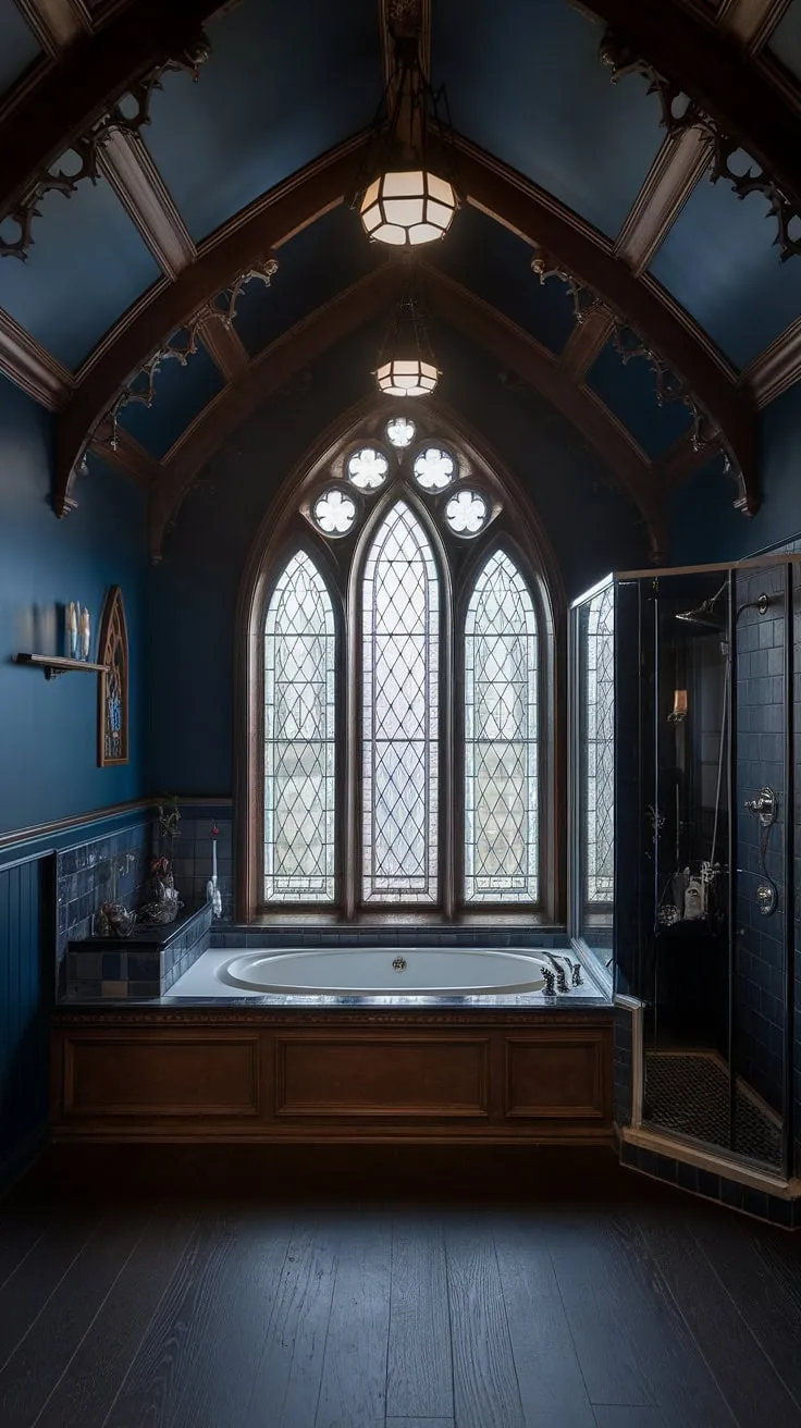Step into a sanctuary of opulent darkness. This Victorian Gothic bathroom, with its deep blue walls, intricate wood carvings, and stained-glass windows, offers a truly unique and luxurious escape. The freestanding tub beckons, promising a soak amidst the captivating ambiance. A perfect blend of history and high-end design.