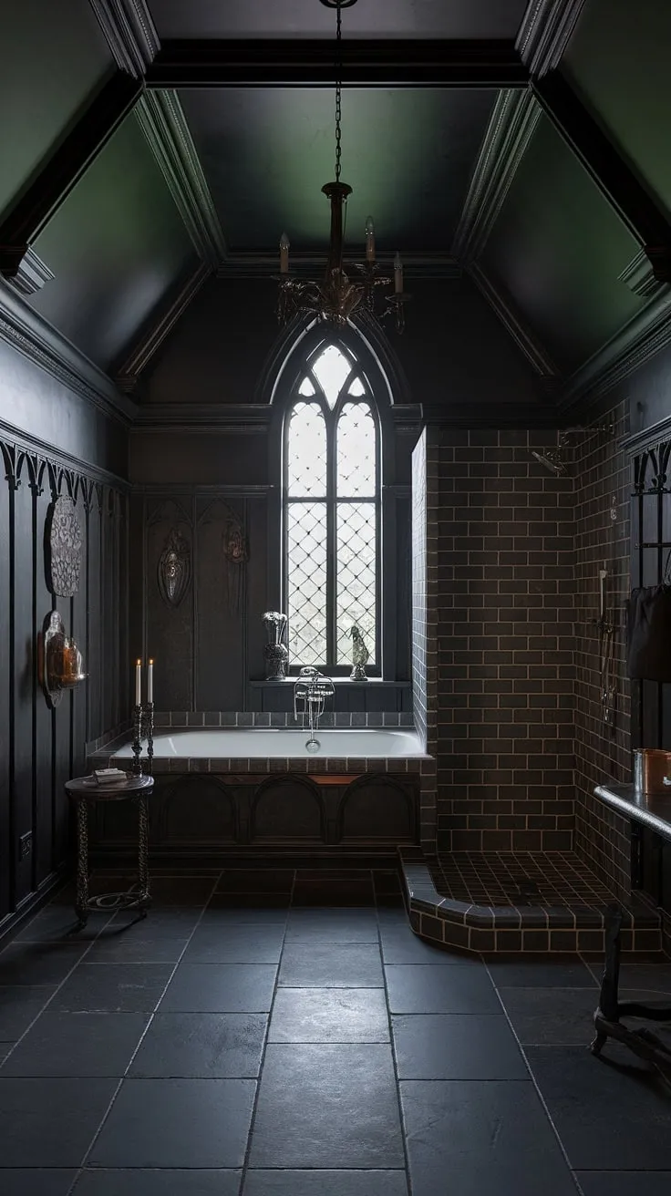 Indulge in the decadent allure of this Gothic-inspired bathroom. The rich, dark wood, the imposing architecture, and the dramatic lighting create a truly captivating space. A haven of tranquility, where the weight of the world melts away amidst the ornate details and the soothing sounds of running water. A testament to timeless elegance.