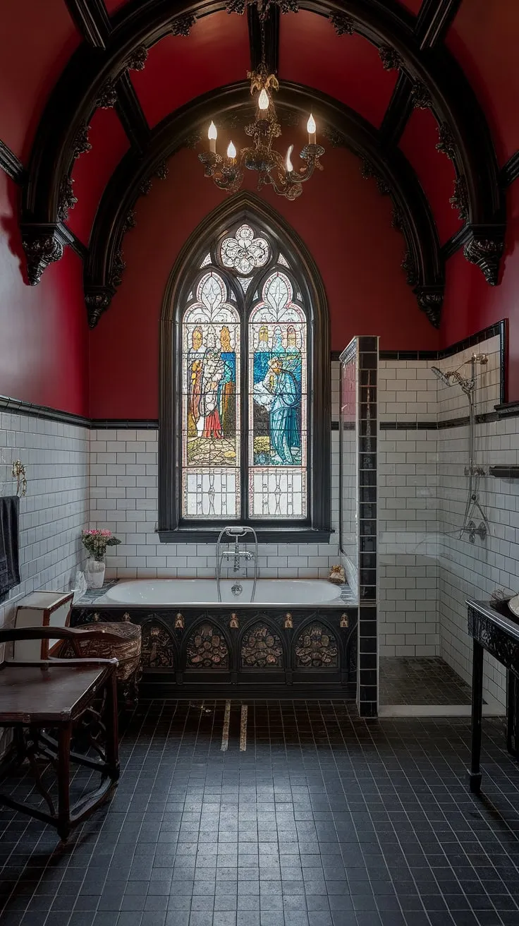 Indulge in the decadent drama of this Victorian Gothic bathroom. Rich red walls, black trim, and gleaming white fixtures are complemented by a stunning clawfoot tub and a separate shower, all set against a striking black and white tiled floor. The stained-glass window adds a touch of sacred beauty, making this more than just a bathroom; it's a private escape.