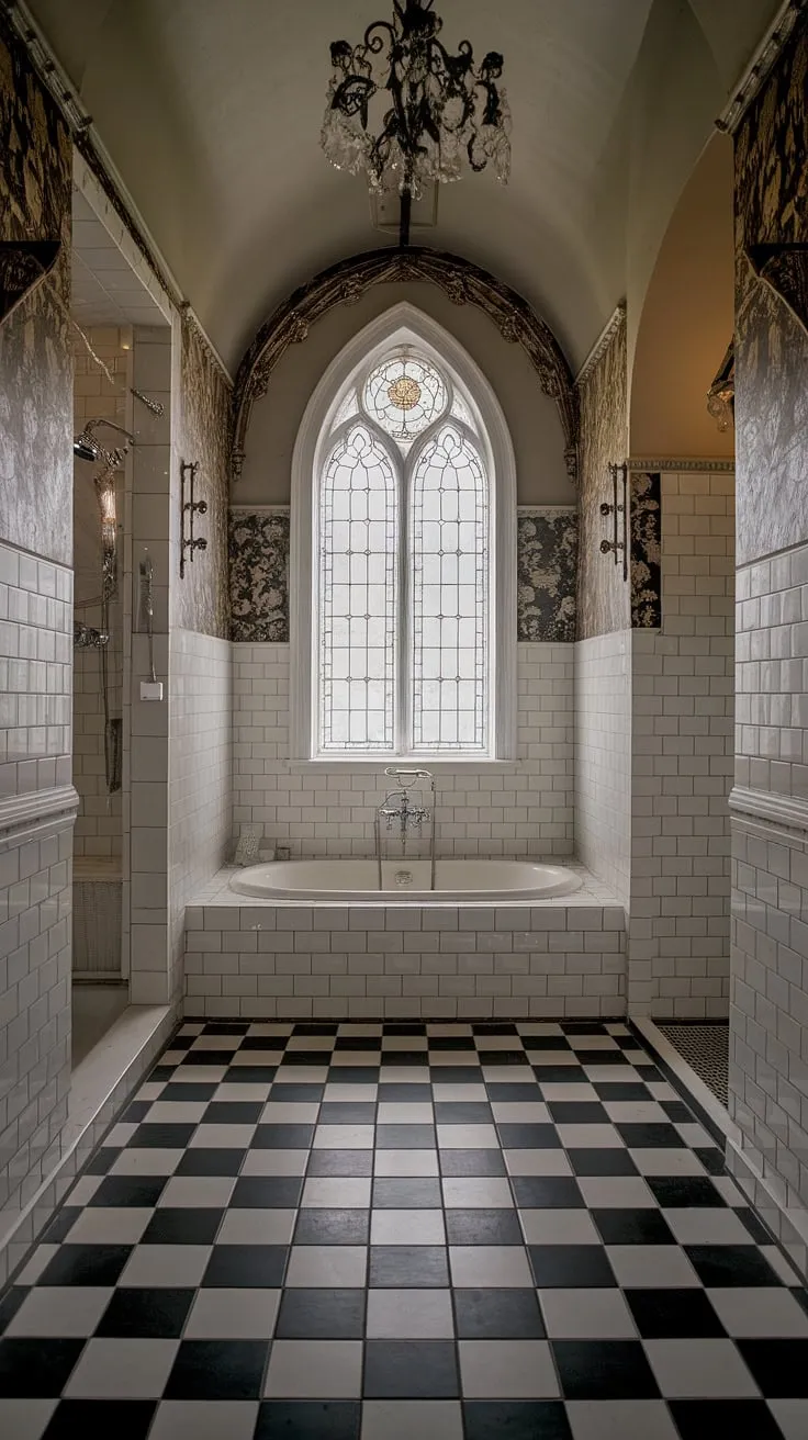 Step into a bygone era of opulent bathing. This Victorian Gothic bathroom, with its black and white checkered floor, intricate detailing, and stained-glass window, offers a luxurious escape. The grandeur of the high ceiling and ornate patterns is only enhanced by the dramatic chandelier, creating an atmosphere of timeless elegance. A truly captivating space, perfect for indulging in a long, luxurious soak.