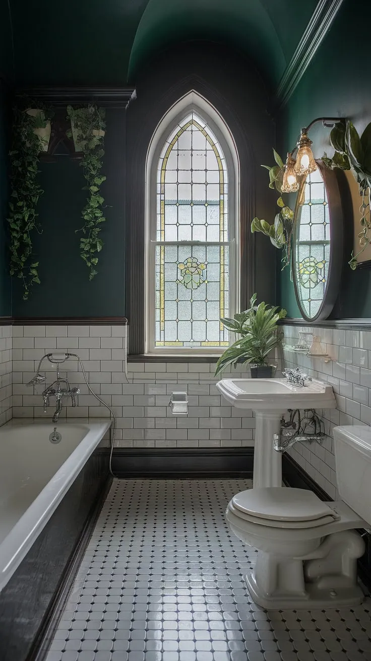 Step into a sanctuary of Victorian elegance. The deep green walls, checkered floor, and ornate white fixtures create a captivating contrast, while the stained-glass window and lush greenery add a touch of whimsical mystery. A truly unforgettable escape.