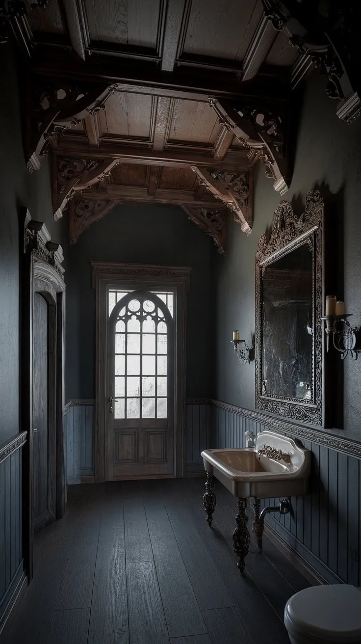 Lost in the labyrinthine carvings of this Victorian Gothic bathroom, a sense of A hushed reverence fills the air. The dark wood gleams under the soft light, reflecting the grandeur of A forgotten age. A single window offers a glimpse beyond, hinting at the mysteries that lie both within and without this captivating space.