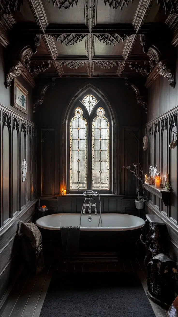Indulge in the decadent allure of this Victorian Gothic bathroom. Dark wood, ornate carvings, and a stained-glass window bathe the room in a dramatic, shadowy light. Awaiting you is a clawfoot tub, promising a soak of unparalleled relaxation. The soft glow of a candle adds to the intimate ambiance, making this a truly unique and unforgettable escape. A haven of sophisticated serenity.