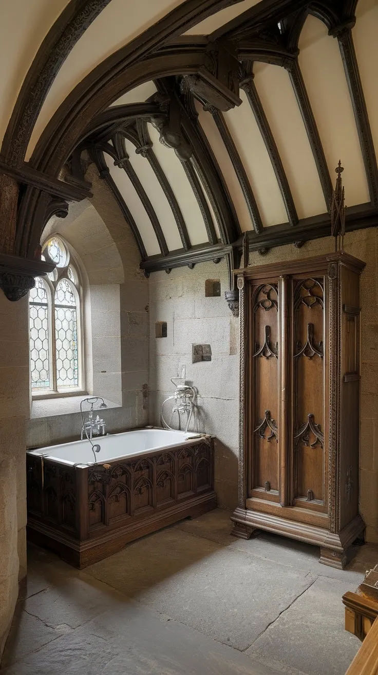Step into a sanctuary of Victorian Gothic grandeur. The aged stone, dark wood, and intricate carvings whisper tales of a bygone era, while the stained-glass window casts a mystical glow upon the freestanding tub, a testament to a time when bathing was an art form. This space, with its high ceilings and palpable history, offers a captivating escape. A sense of timeless elegance permeates every detail.