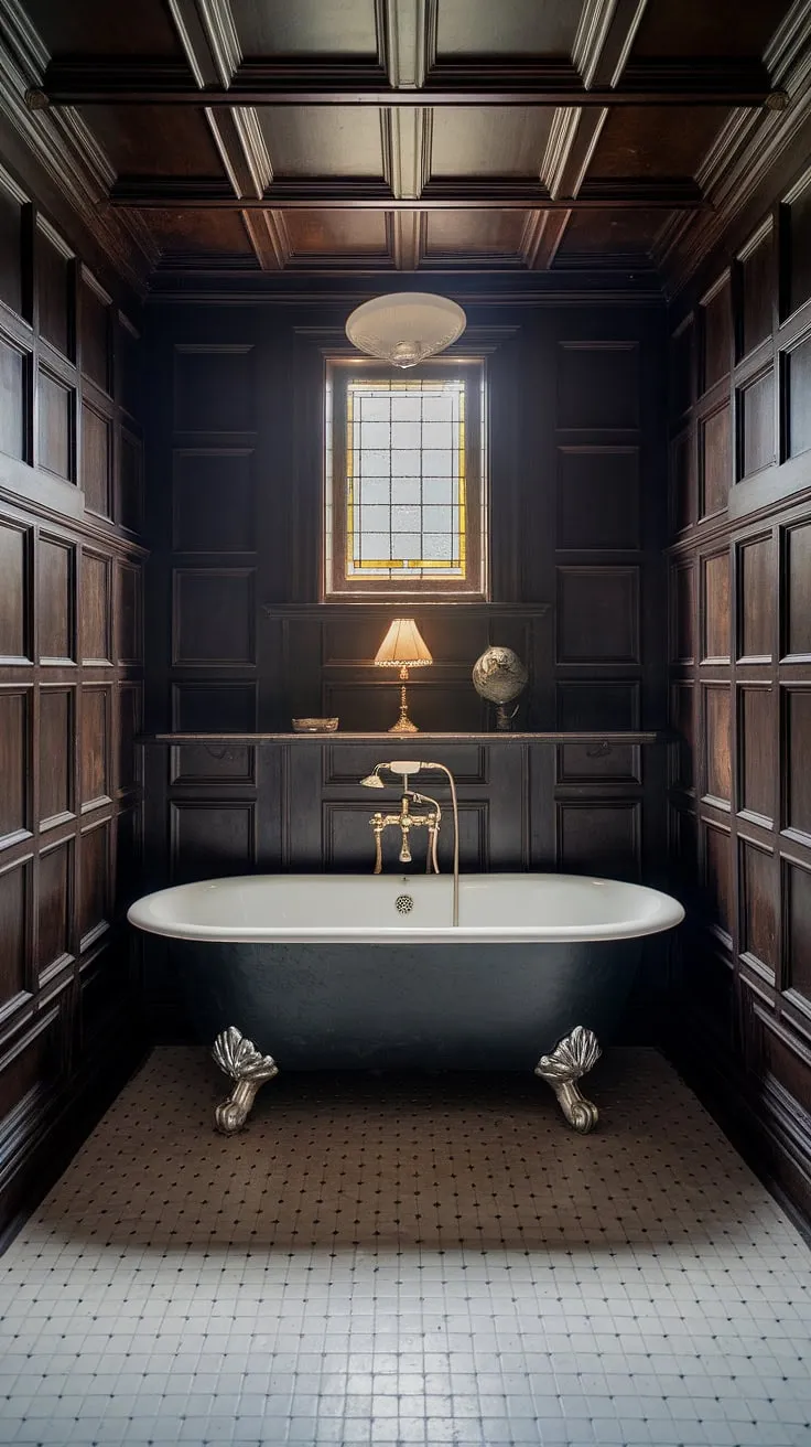 Step into a sanctuary of Victorian elegance. Dark wood paneling, a clawfoot tub gleaming under a golden fixture, and the soft glow of stained glass create an atmosphere of unparalleled luxury. A true escape from the mundane.