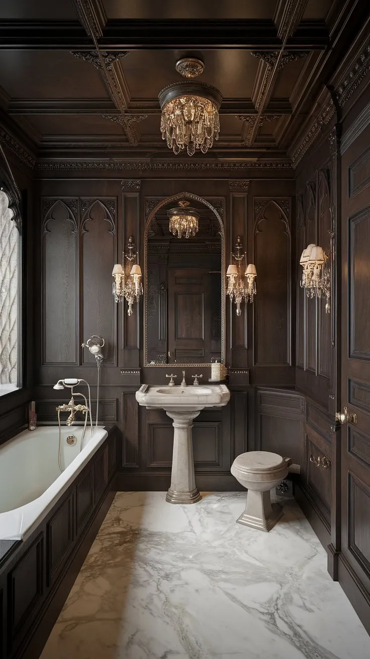 Indulge in the luxurious details of this Victorian Gothic bathroom. The warm glow of the lighting accentuates the ornate woodwork, marble flooring, and gleaming brass accents, transforming a simple bath into a regal experience. A testament to refined taste.