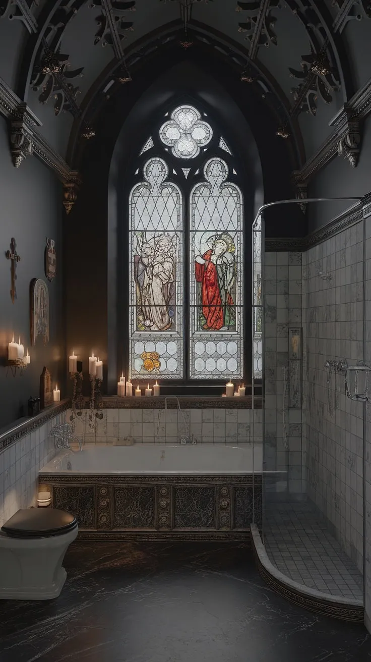 Lost in the grandeur of this Victorian Gothic bathroom, where stained glass whispers ancient prayers and the dark marble floor reflects the flickering candlelight. A sanctuary of solitude, a testament to a bygone era, and a space where the mundane melts away, replaced by a sense of timeless beauty. A place to cleanse the soul as much as the body.