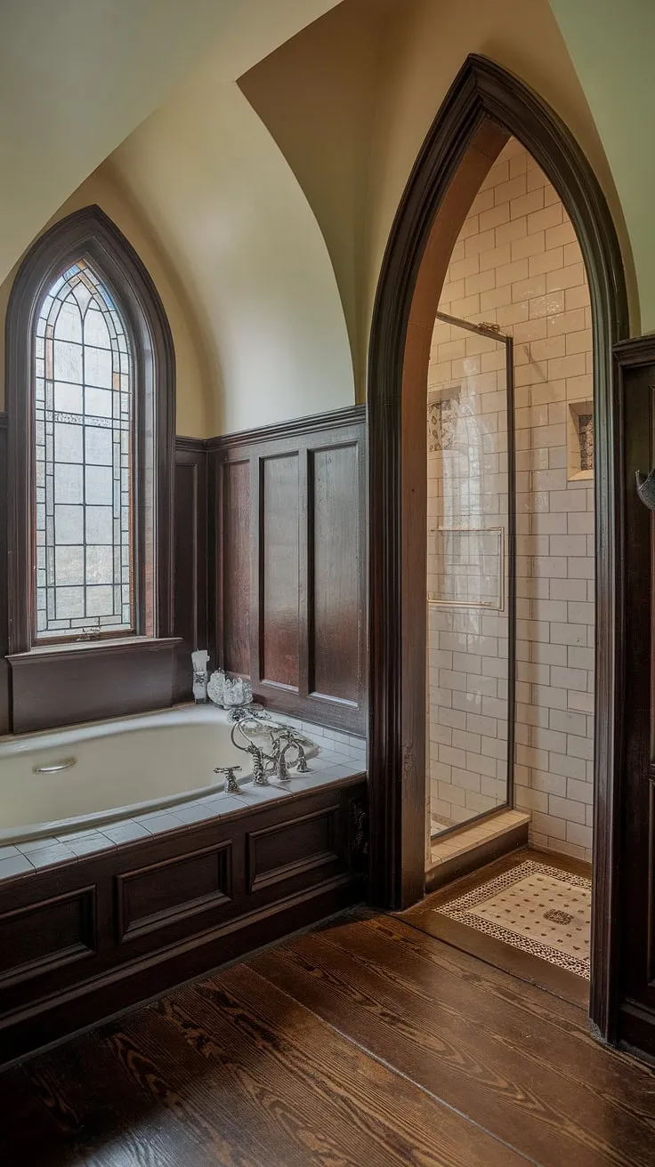 Indulge in the opulent serenity of this Victorian Gothic bathroom. The meticulously crafted dark wood, the arched doorway hinting at further hidden delights, and the soft light filtering through the stained-glass window create an atmosphere of timeless beauty and captivating mystery. A perfect retreat.