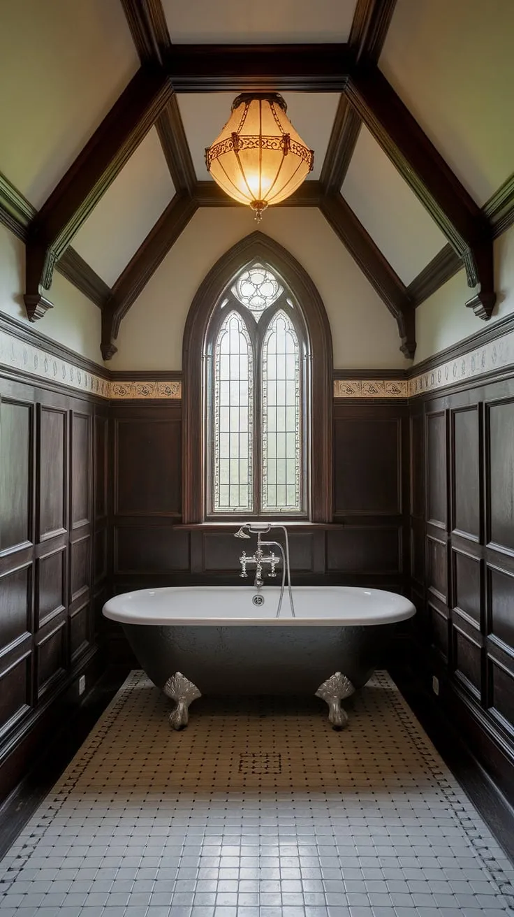 Step into a sanctuary of Victorian elegance, where dark wood whispers tales of bygone eras and stained glass casts a kaleidoscopic glow. The freestanding tub, a centerpiece of tranquility, awaits your arrival. A haven of refined solitude.