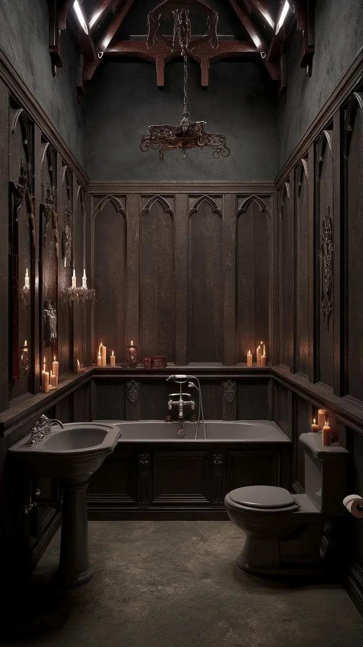 Step into a sanctuary of shadows and serenity; this Victorian Gothic bathroom, with its dark wood paneling, ornate fixtures, and flickering candlelight, offers a luxurious escape. The high ceilings and gothic chandeliers amplify the dramatic ambiance, creating a space where time seems to stand still. A perfect blend of history and opulence.