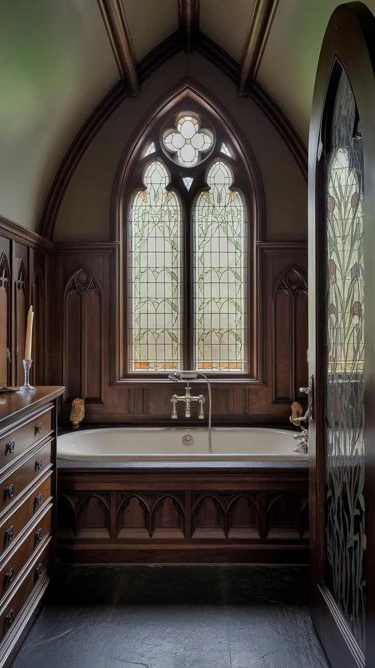 Indulge in the opulence of this Victorian Gothic bathroom. The high ceilings, dark wood, and intricate stained-glass window create an atmosphere of refined mystery. A perfect blend of grandeur and intimacy, this space offers a luxurious retreat from the everyday. A place to unwind, reflect, and reconnect with a sense of history and artistry. A dream realized in stone and wood.