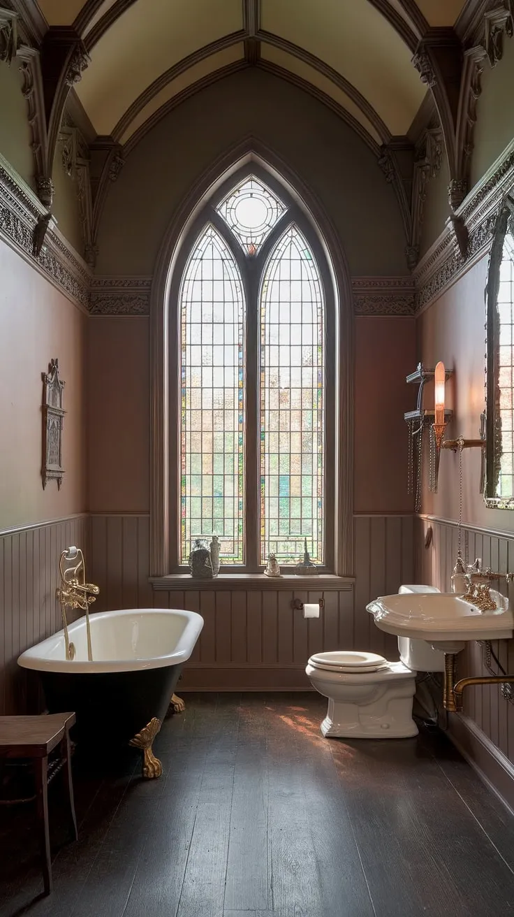 Bathed in the soft glow of a stained-glass window, this Victorian Gothic bathroom whispers tales of old-world charm. The ornate details, from the clawfoot tub to the gothic faucet, are a captivating blend of history and artistry. A truly unique and unforgettable space.
