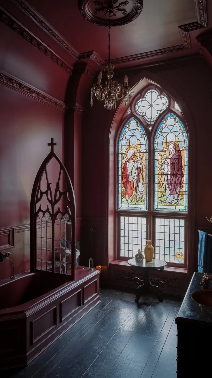Step into a sanctuary of opulent darkness. The deep maroon walls, Gothic archways, and stained-glass windows depicting biblical scenes create an atmosphere of serene mystery, a testament to Victorian grandeur. A single candle flickers, casting dancing shadows on the polished wood floor, enhancing the timeless elegance of this breathtaking bathroom. A truly unforgettable escape.