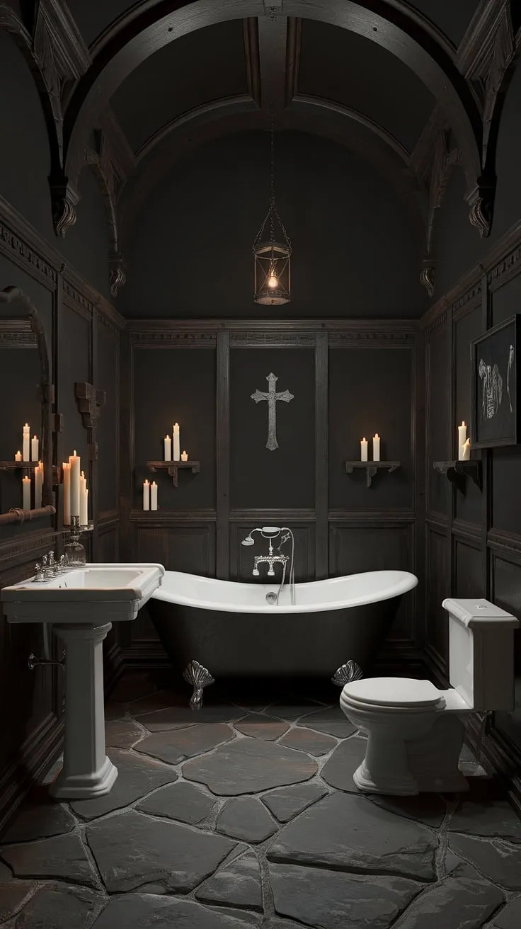 This opulent yet unsettling bathroom whispers tales of a bygone era. Dark wood, cold stone, and the stark white of the porcelain fixtures create a dramatic contrast. The air is thick with mystery, a palpable sense of a lurking in the shadows, amplified by the flickering candlelight and the imposing presence of the cross.