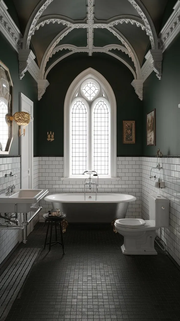 Step into a sanctuary of Victorian elegance. The deep green walls, crisp white trim, and intricate ceiling details create an atmosphere of refined luxury, while the black and white checkered floor adds a touch of dramatic flair. A freestanding tub beckons for a long, luxurious soak. This bathroom is a testament to timeless design and meticulous craftsmanship. A truly unforgettable escape.
