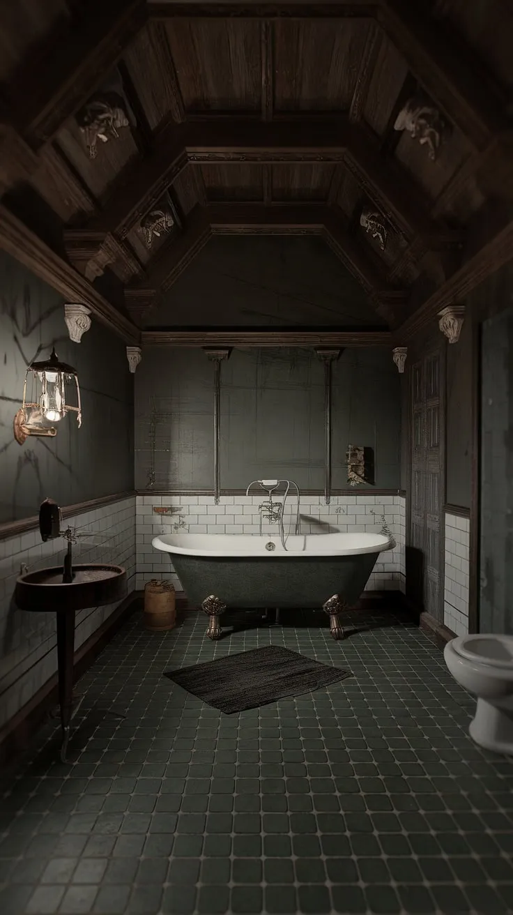 Lost in the labyrinthine details of this Victorian Gothic bathroom, time seems to stand still. The dark, moody atmosphere, punctuated by a single beam of light on the antique clawfoot tub, creates an ambiance of both mystery and tranquility. A perfect escape from the mundane, a place to rediscover oneself.