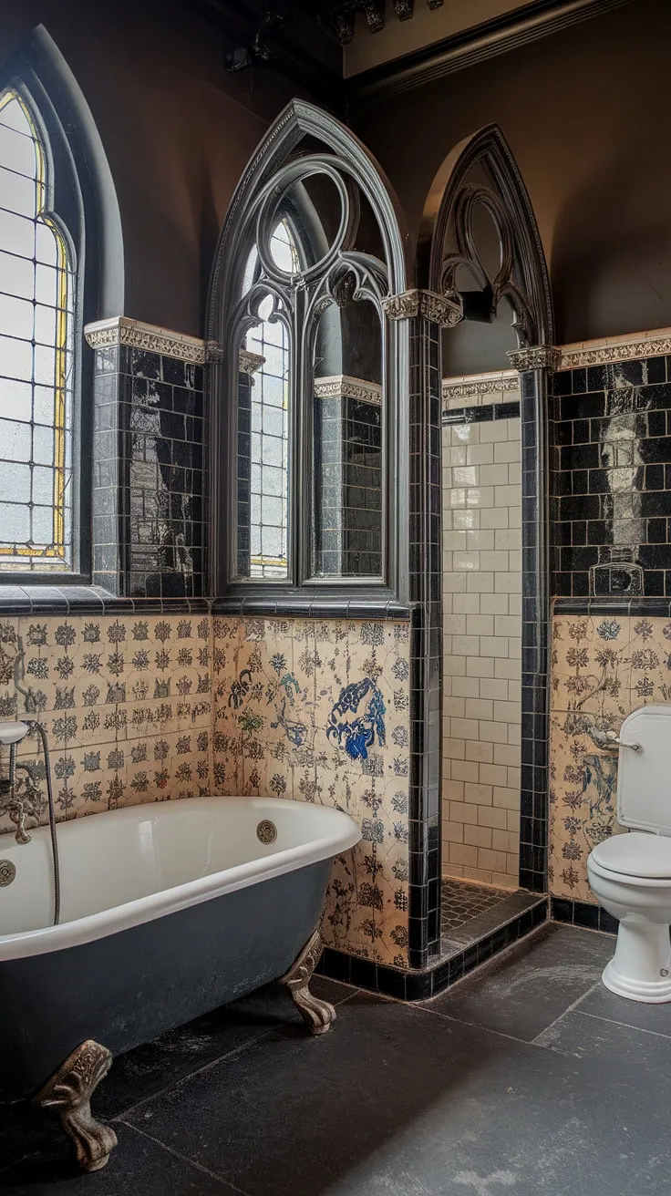 Step into a sanctuary of Victorian opulence. The intricate tilework, the imposing Gothic arch of the shower, and the claw-foot tub itself whisper tales of a bygone era, a testament to craftsmanship and a refined aesthetic. This bathroom is more than just a place to cleanse; it's a work of art.