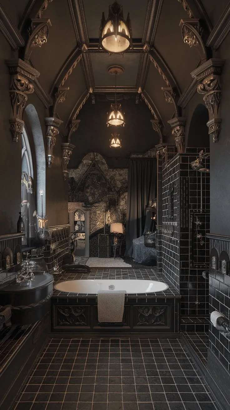 Step into a world of opulent darkness. This Victorian Gothic bathroom, with its intricate carvings, high ceilings, and dramatic lighting, offers a sanctuary of brooding elegance. The freestanding tub beckons, promising a soak amidst the grandeur, while a glimpse into the adjoining bedroom hints at the gothic romance that awaits. A truly unforgettable escape.