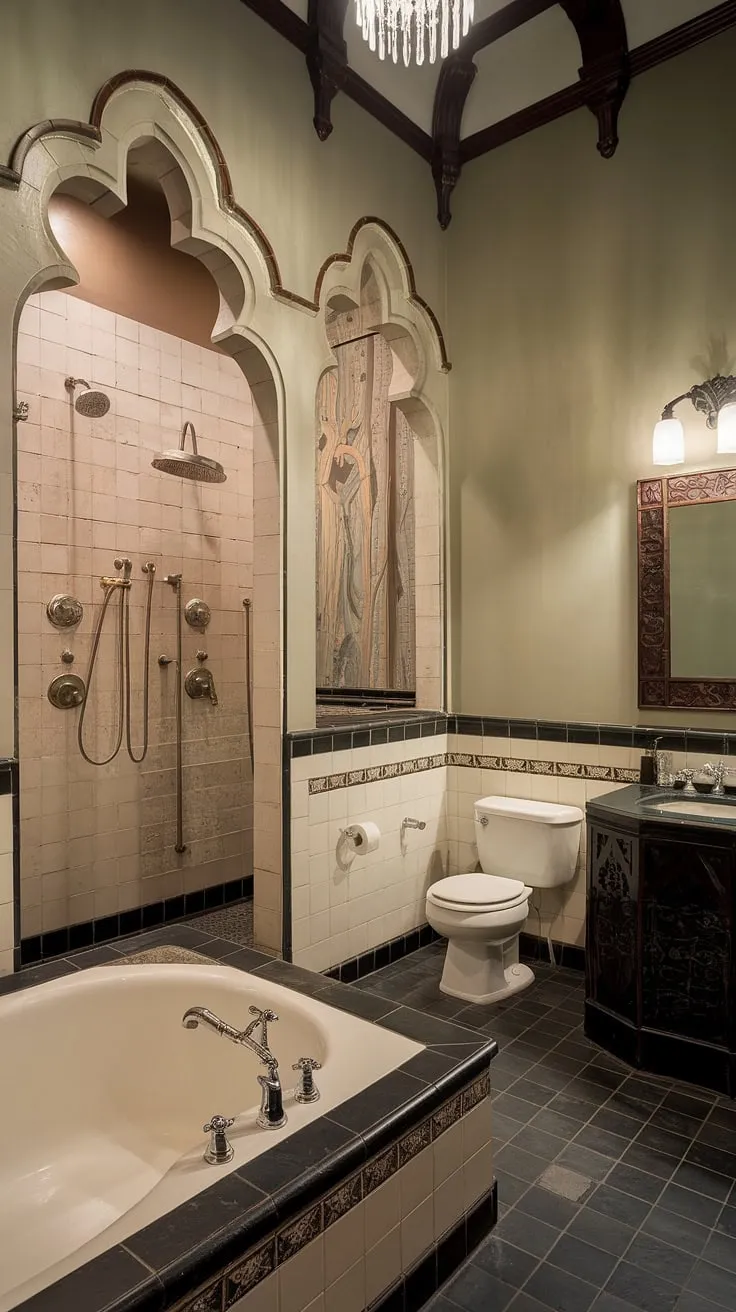 Indulge in the decadence of this meticulously restored Victorian Gothic bathroom. The architectural details, from the soaring ceilings to the handcrafted tilework, create an atmosphere of unparalleled luxury. A sanctuary of self-care, where history and modern comfort seamlessly intertwine.