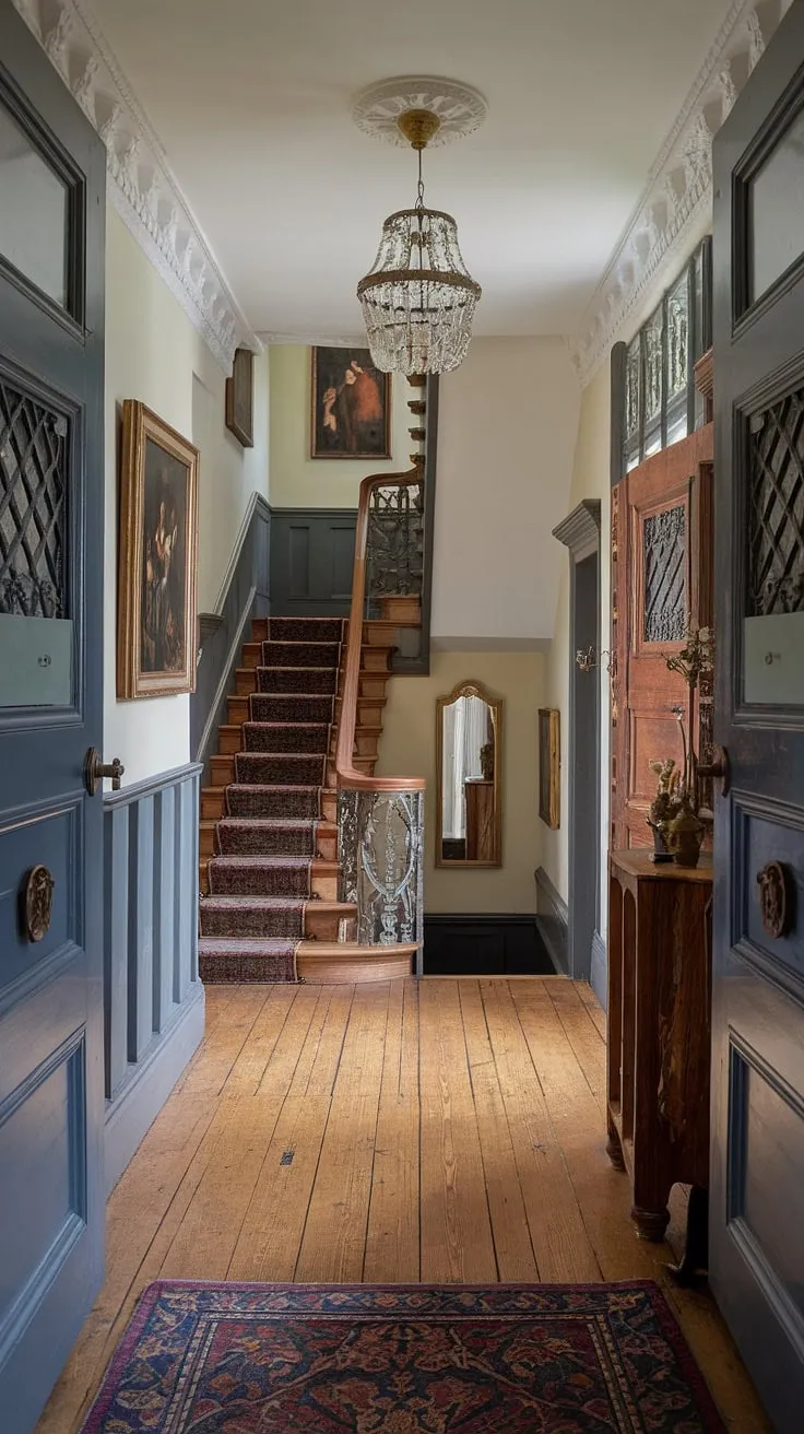A country house's hallway exudes old-world charm with its Victorian architecture and lavish decor.