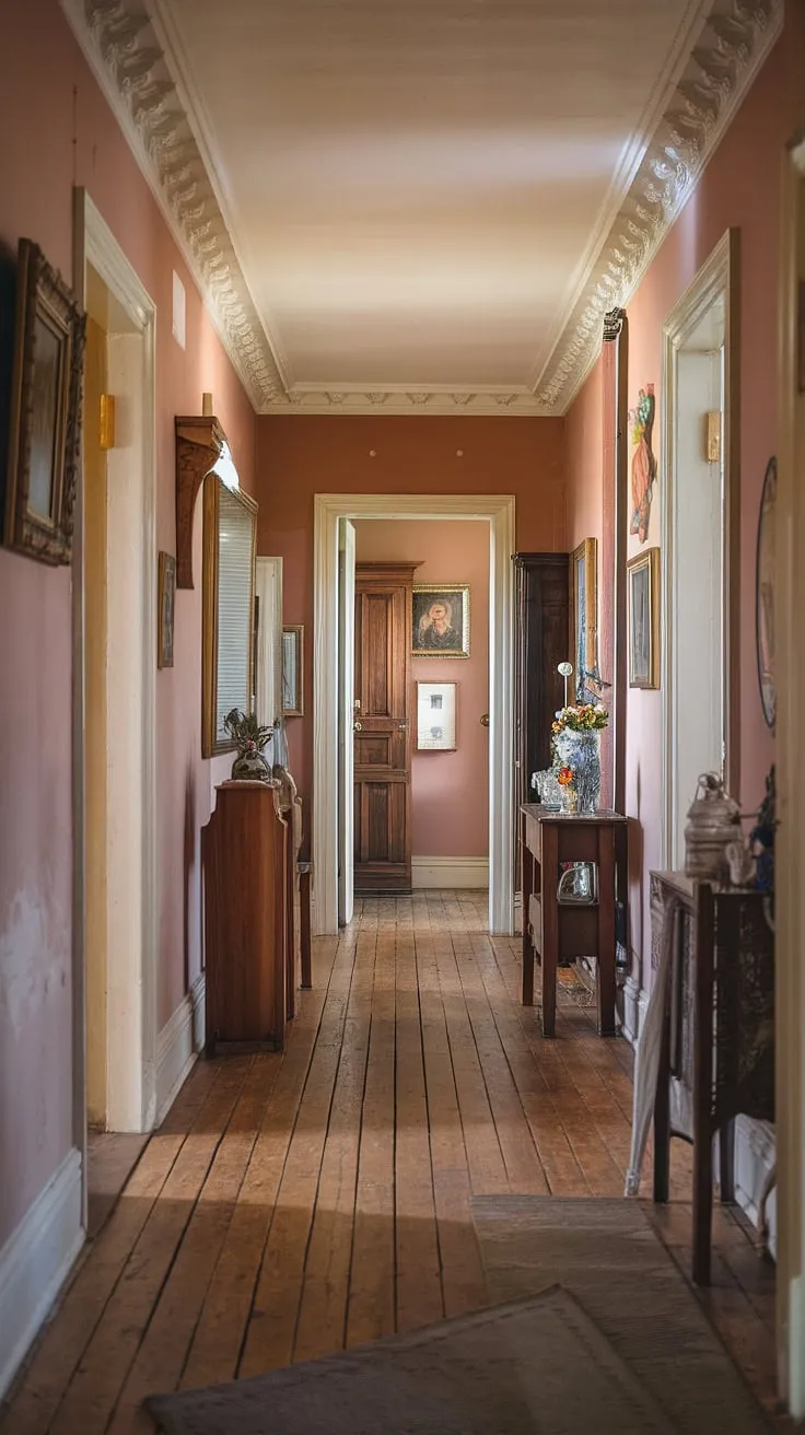 Soft light illuminates a richly decorated Victorian hallway, its patterned ceiling and numerous doors hinting at the secrets held within.