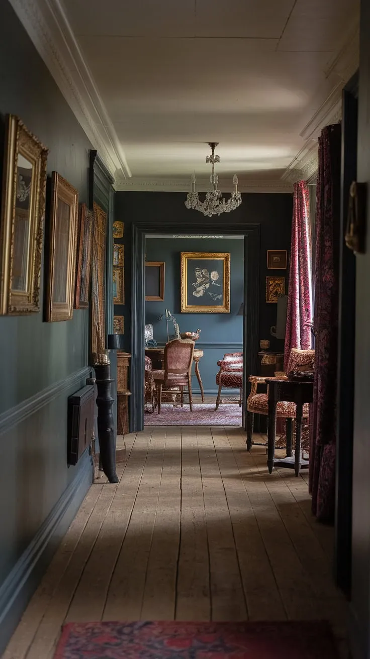 Warm light from a chandelier illuminates a dark, inviting Victorian hallway adorned with gold-framed pictures and rich wood floors.