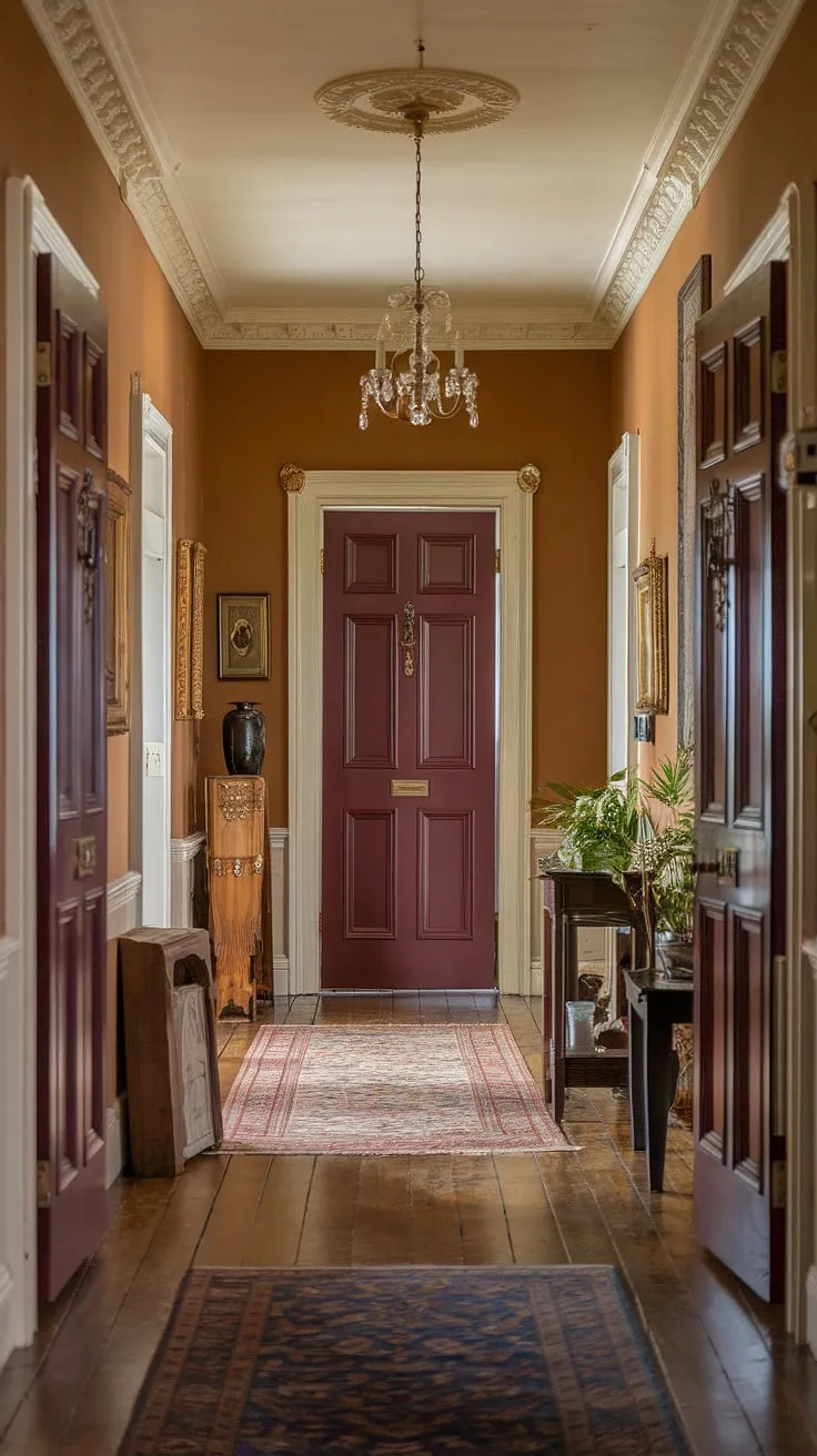 A grand Victorian hallway exudes timeless charm with its intricate carvings, high ceilings, and plush furnishings.